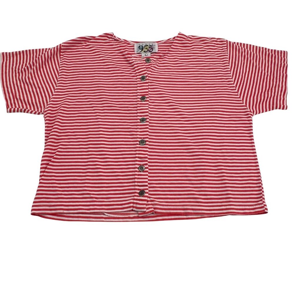 Class 955 Vintage Knit Top‎ Blouse Women's Large Short Sleeves Red White Stripes